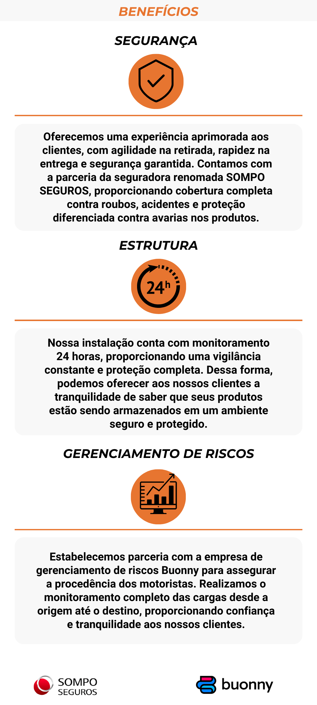 Banner explicando os benefícios da empresa TransD que são: "Segurança", "Estrutura" e "Gerenciamento de riscos", logo abaixo, duas parceiras da empresa com os nomes: "Sompro Seguros" e "Buonny"