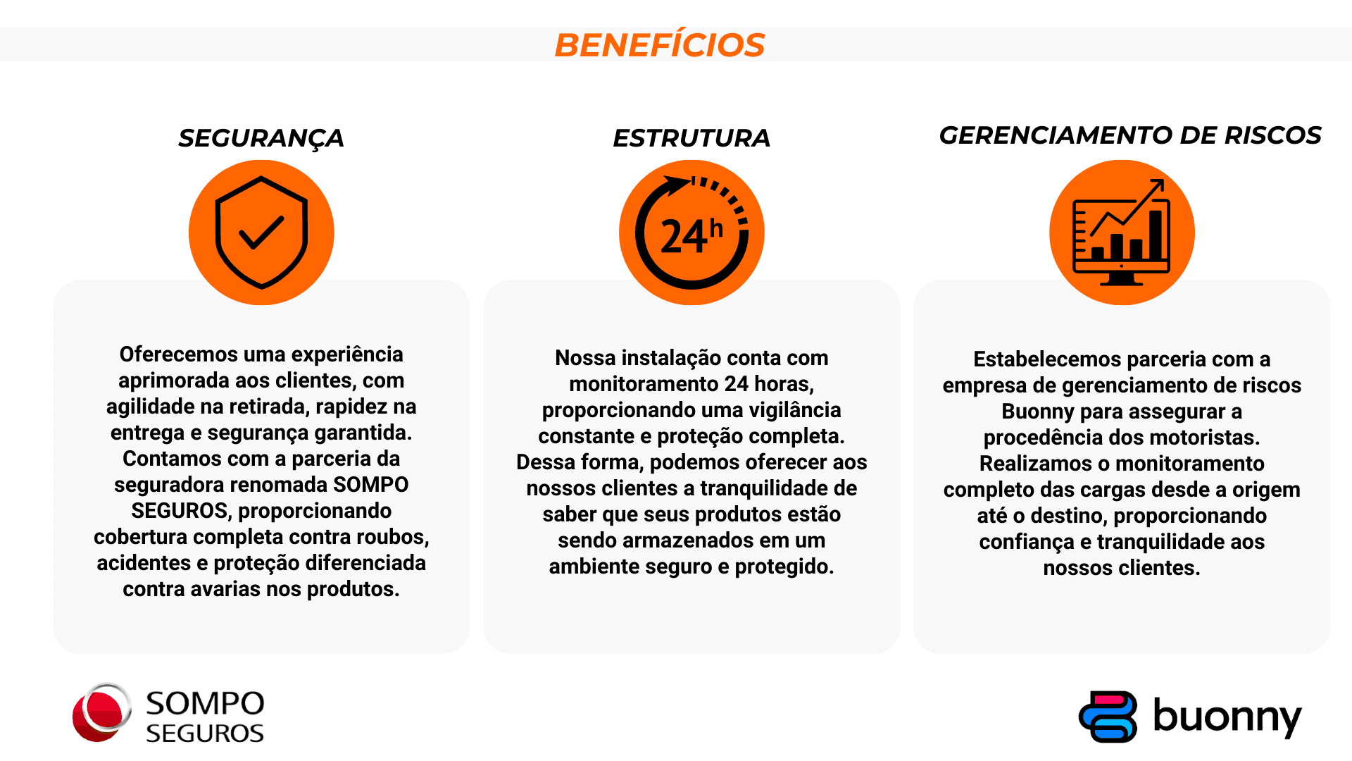 Banner explicando os benefícios da empresa TransD que são: "Segurança", "Estrutura" e "Gerenciamento de riscos", logo abaixo, duas parceiras da empresa com os nomes: "Sompro Seguros" e "Buonny"